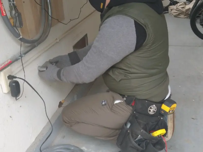 Electrician performing outlet wiring in a Elmwood Park garage